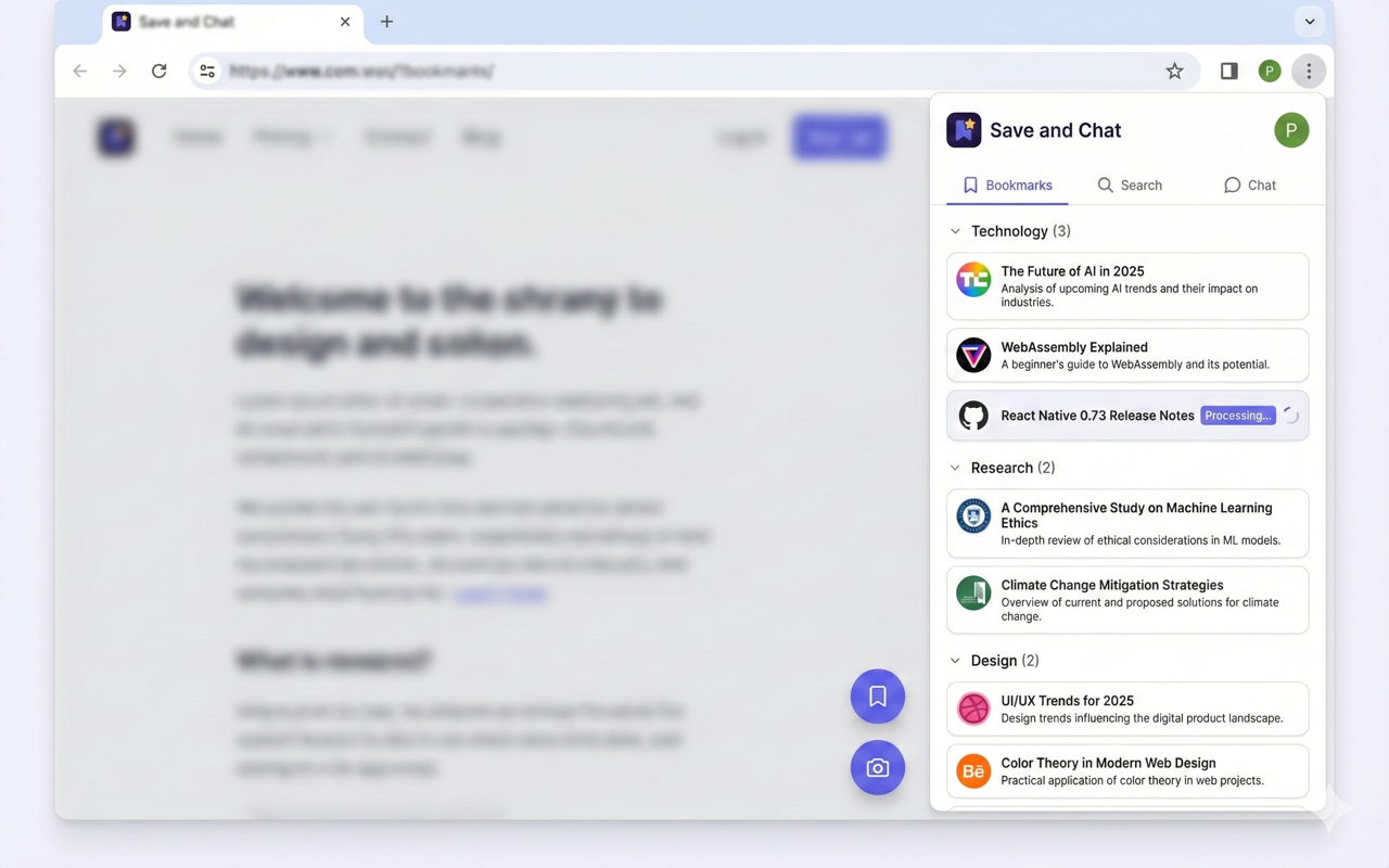Save and Chat extension showing organized bookmarks